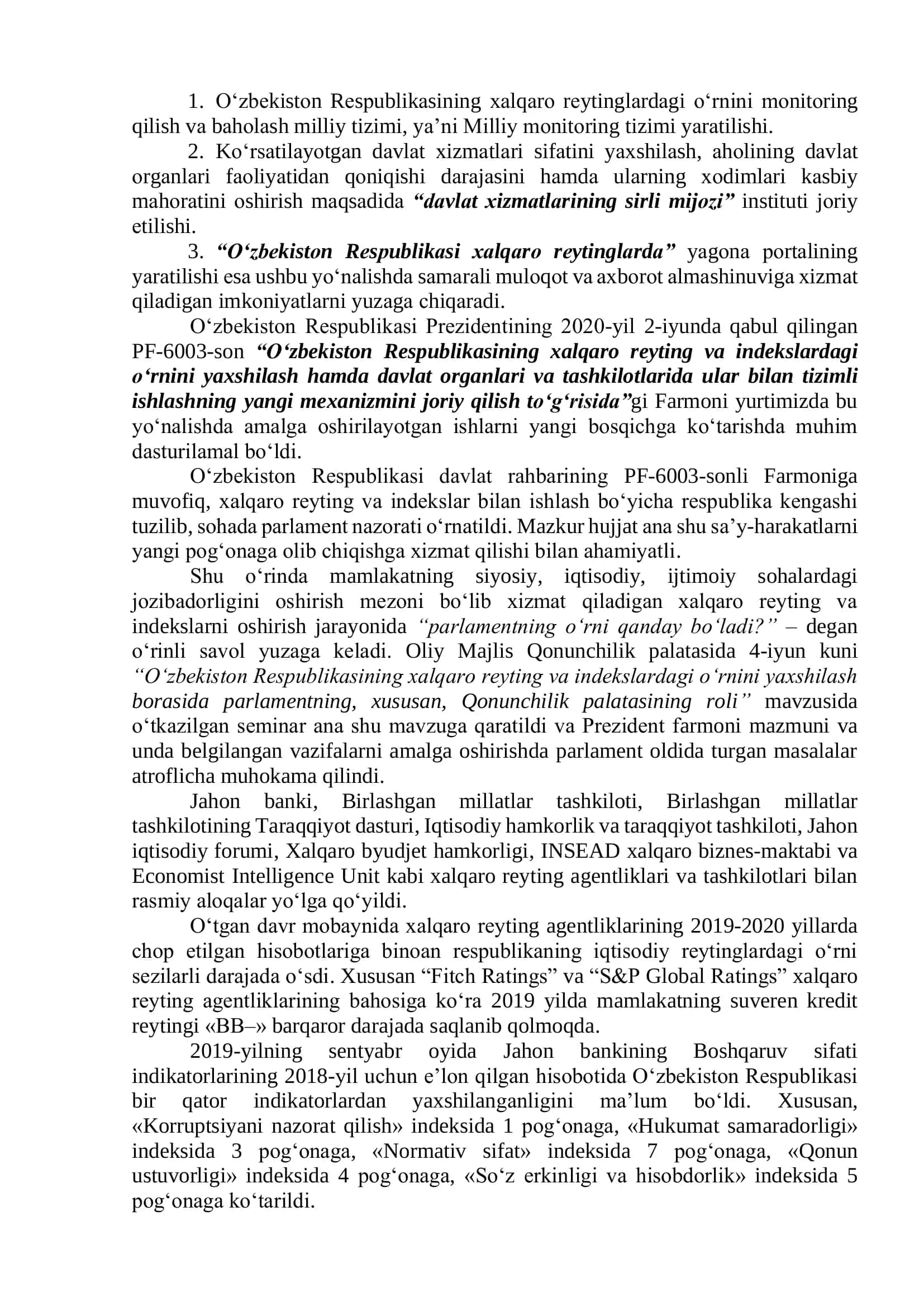 Yangi O‘zbekiston ijtimoiy-siyosiy, iqtisodiy va madaniy hayotida roʻy berayotgan oʻzgarishlarning xalqaro reyting va indekslarda aks etishi 2