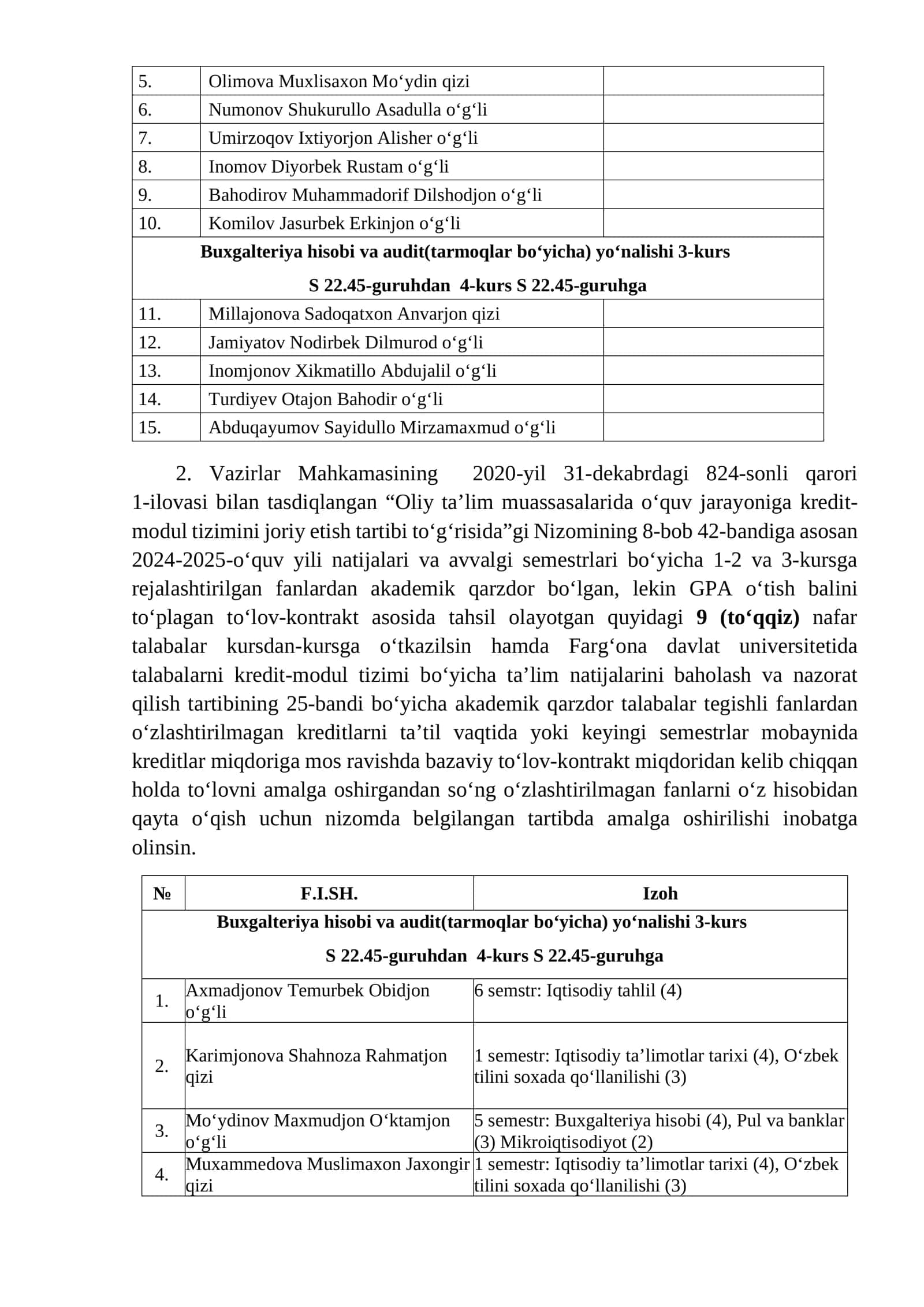 Farg‘ona davlat universitetida talabalarning kredit-modul tizimi bo‘yicha ta’lim natijalarini baholash va nazorat qilish tartibi 2