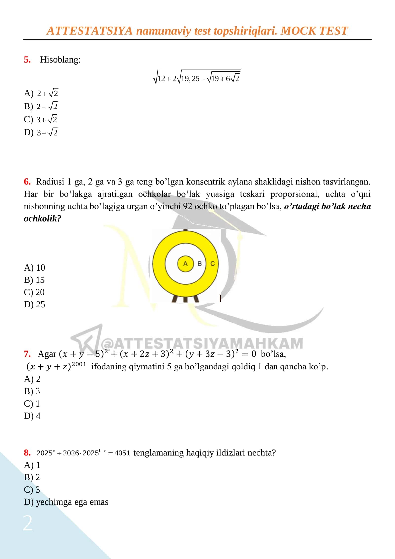 ATTESTATSIYA namunaviy test topshiriqlari. MOCK TEST 2