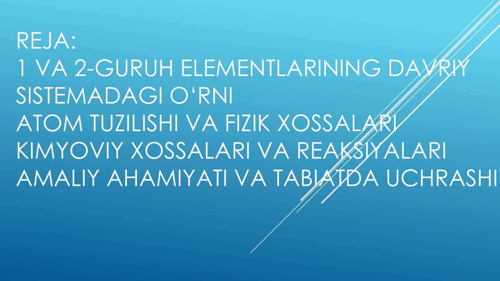 1-guruh elementlari (Ishqoriy metallar - Li,Na,K,Rb,Cs,Frcap Li,Na,K,Rb,Cs,Fr) 2