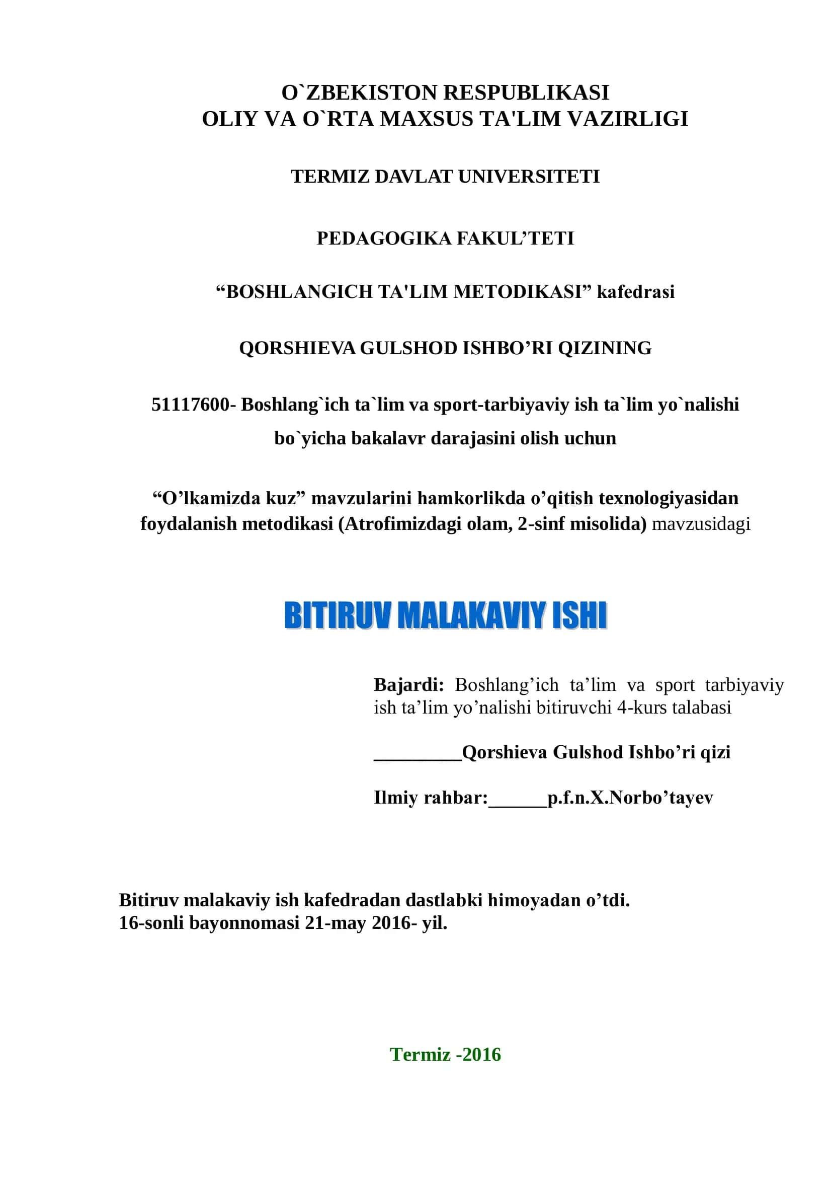 "BOSHLANGICH TA'LIM METODIKASI" 2
