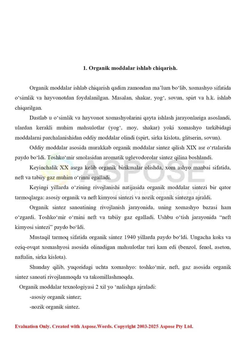 Organik sintezda qoʻllaniladigan xomashyolar. Referat 5 bet. 2