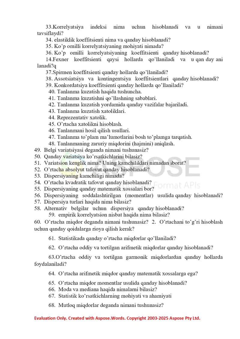 Statistika va Dinamika Qatorlari Savollari To‘plami 2