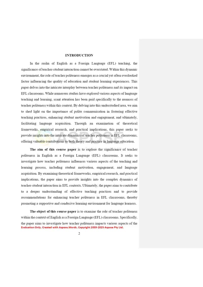 Kurs ishi “The Role of Teacher Politeness in English as a Foreign Language (EFL) Classrooms” 2