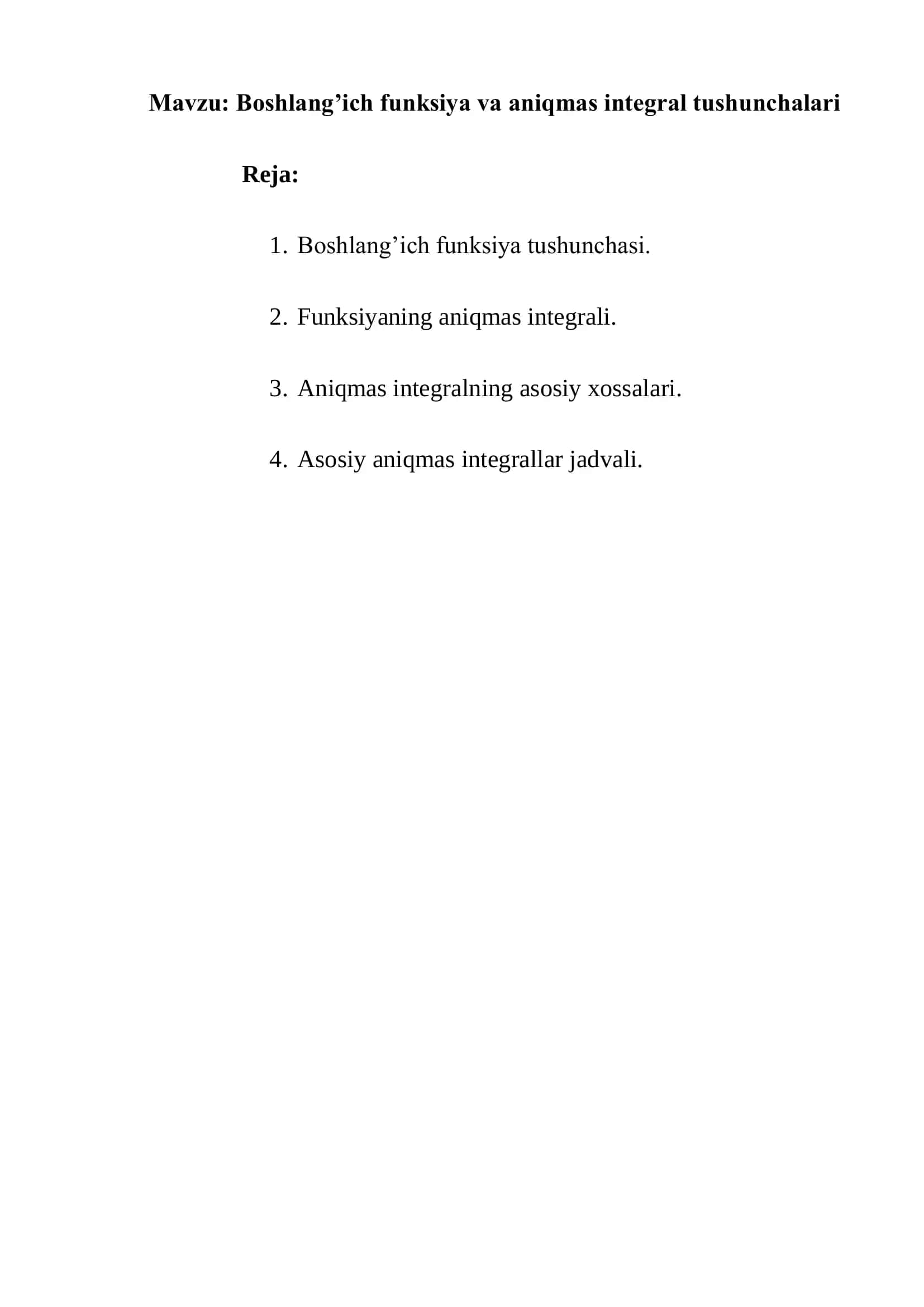 Boshlang’ich funksiya va aniqmas integral tushunchalari 2