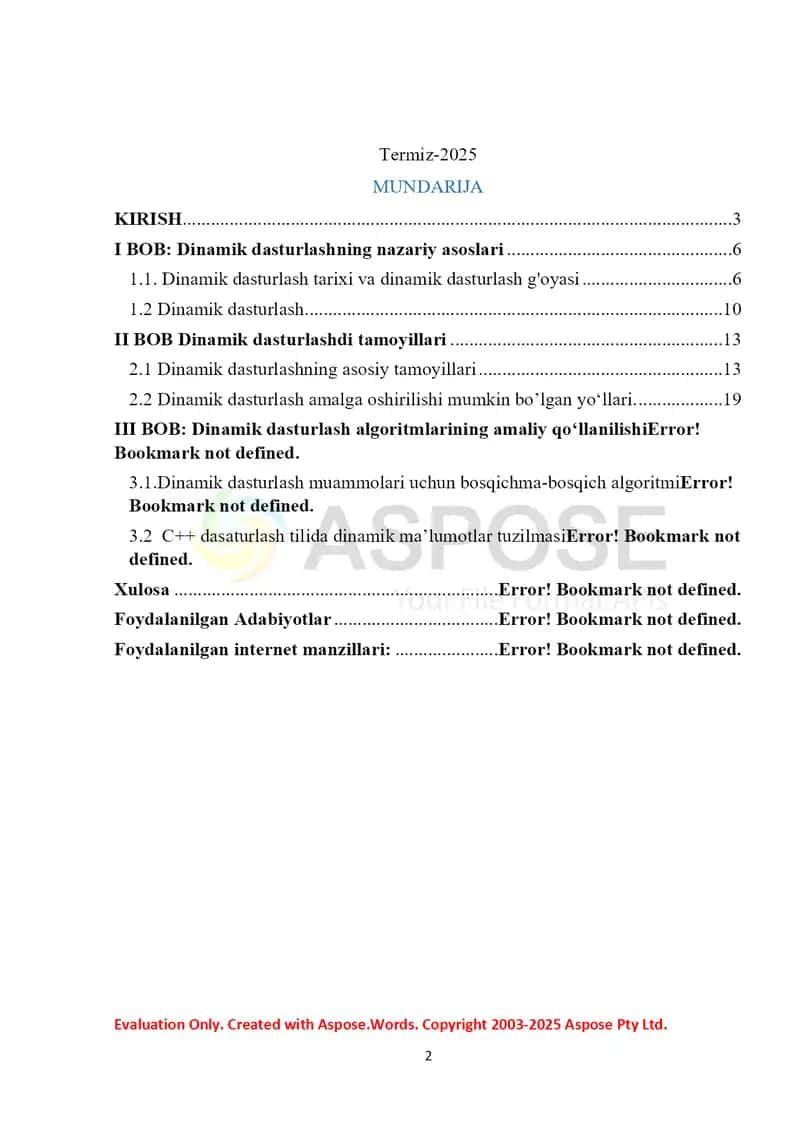 Dinamik dasturlash haqida umumiy tushunchalar kurs ishi 2