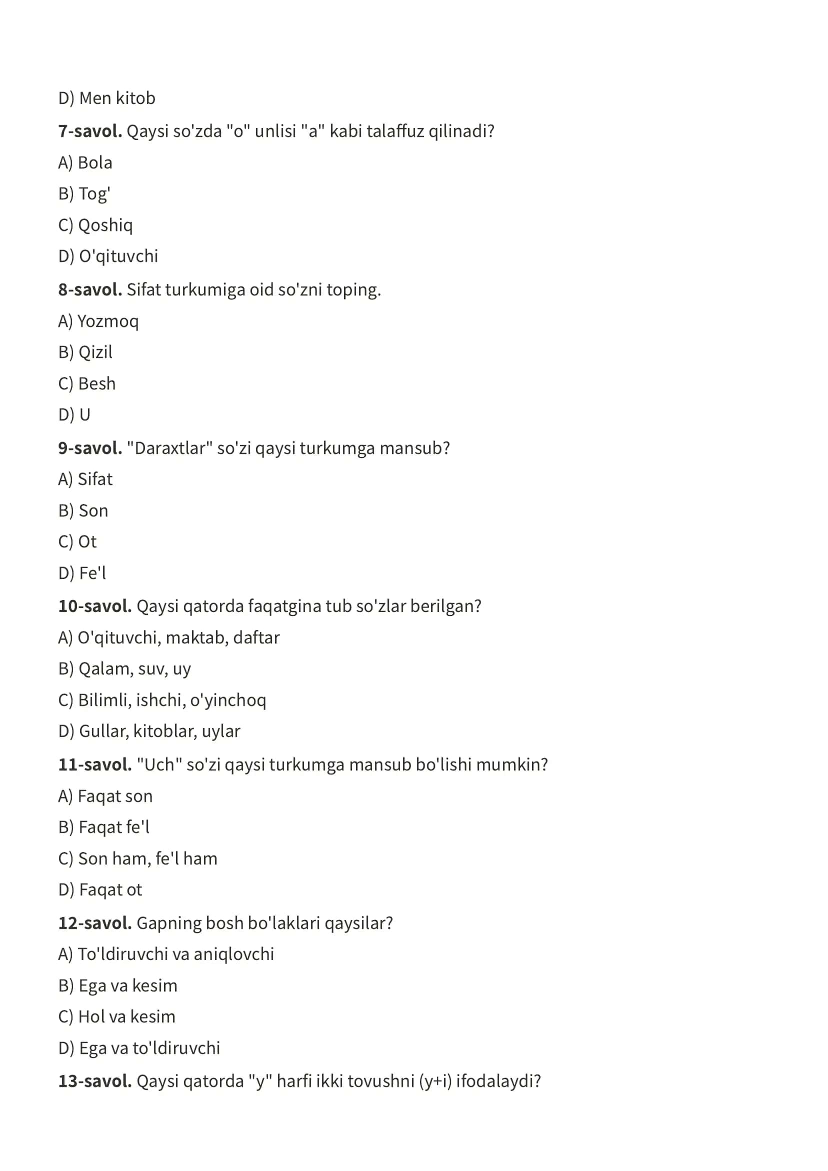 Ona tili test 5-sinf uchun 2