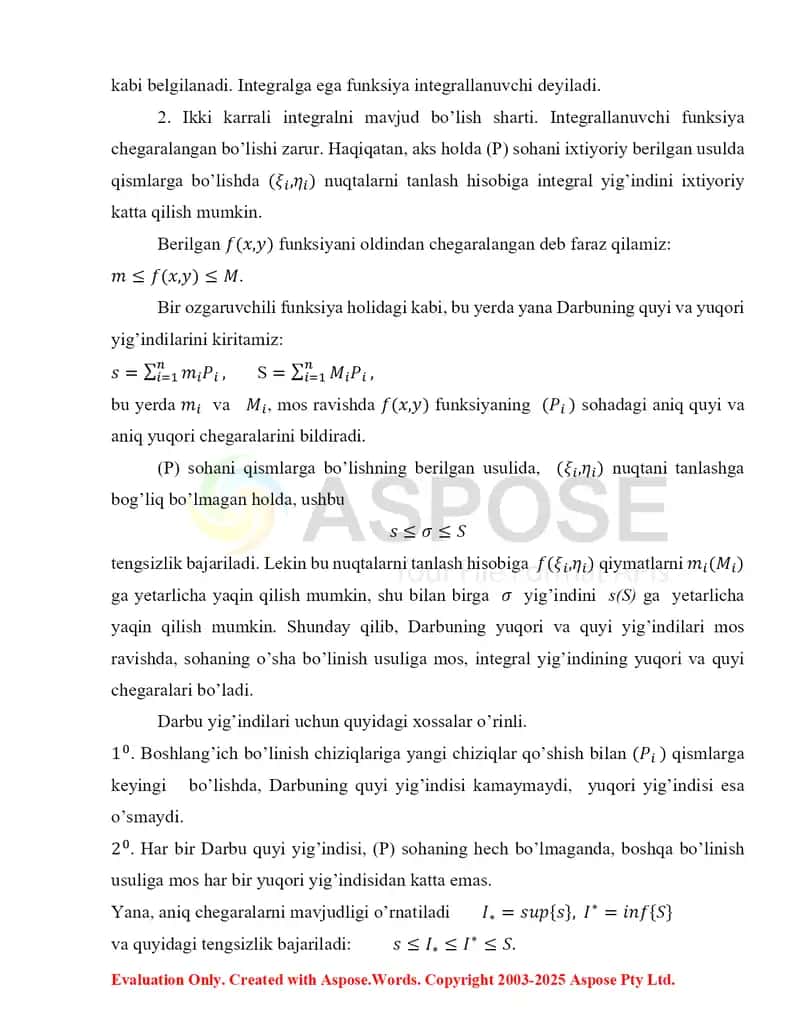 Ikki karrali integral ta’rifi va xossalari 2