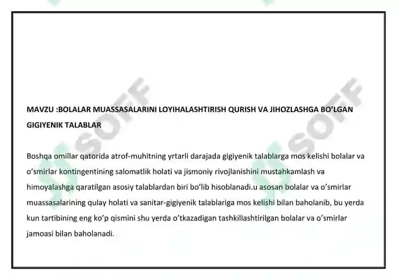 BOLALAR MUASSASALARINI LOYIHALASHTIRISH QURISH VA JIHOZLASHGA BO’LGAN GIGIYENIK TALABLAR 2