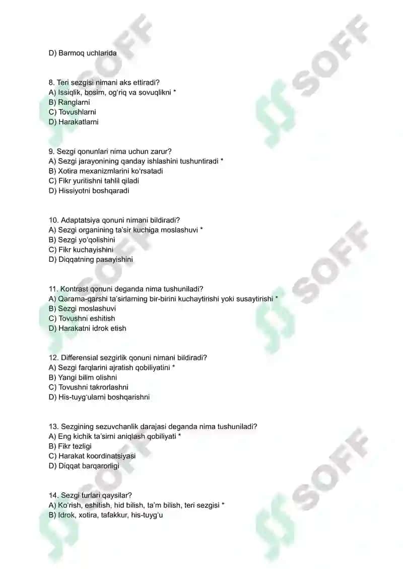 SEZGI TURLARI VA UNING QONUNLARI – TESTLAR 2
