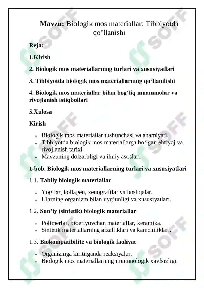Biologik mos materiallar: Tibbiyotda qo’llanishi 2