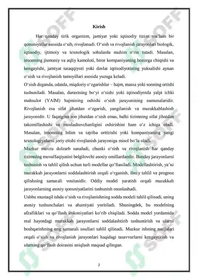 Oʻsish va rivojlanishining sodda modeli 2