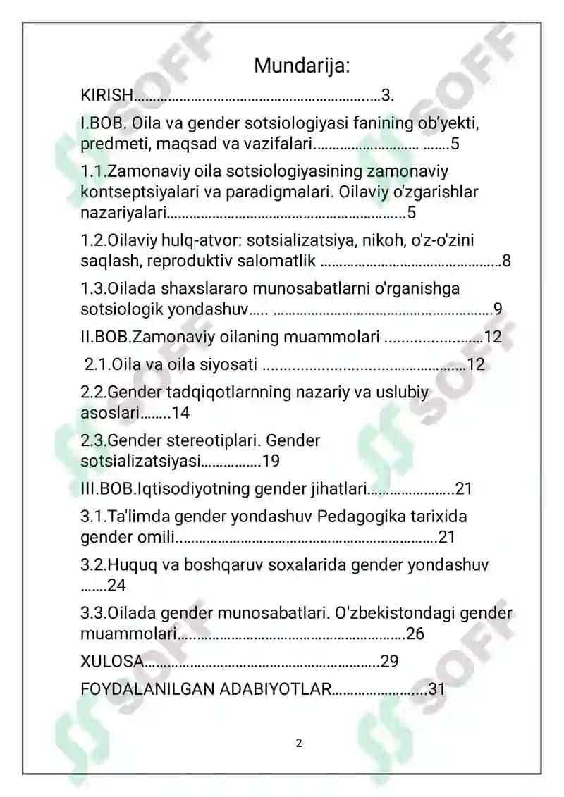 Mustaqil ish. Oila va gender munosabatlar 2