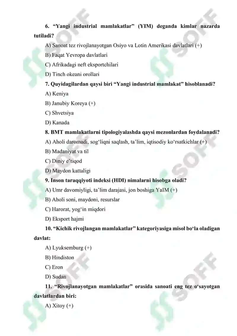 JAHON MAMLAKATLARINING TIPOLOGIYASI — 15 TA TEST 2