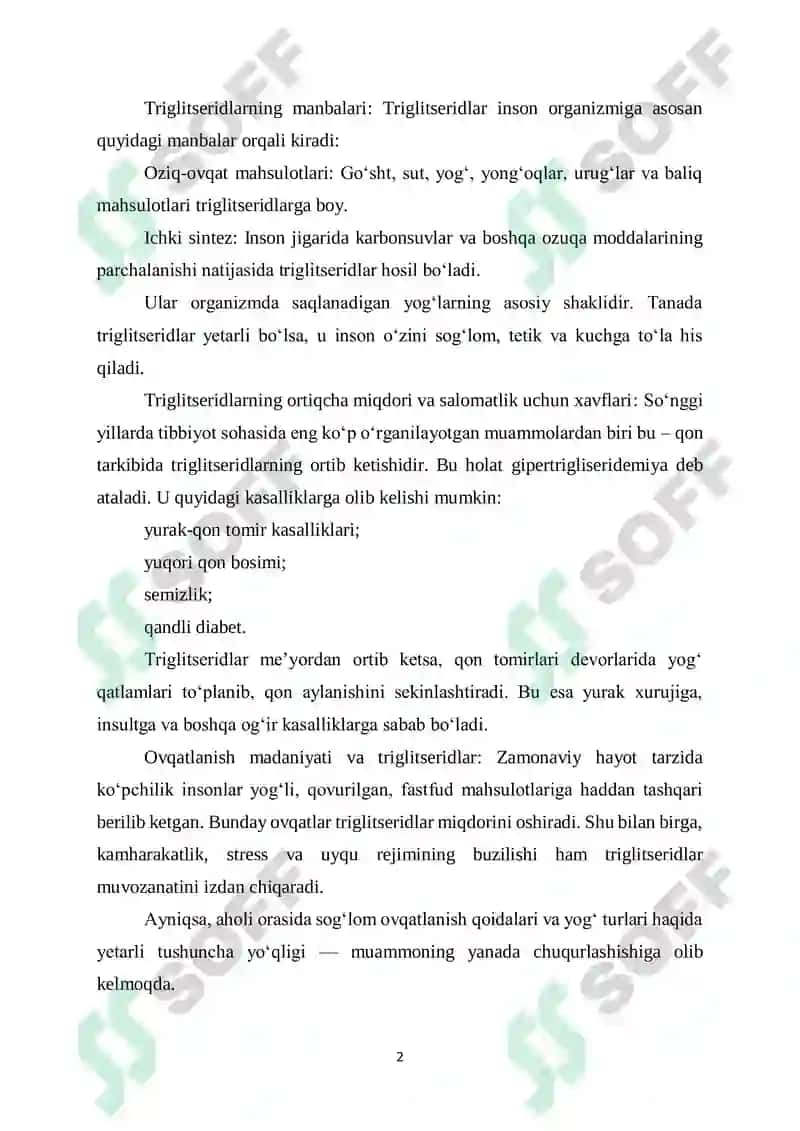 TRIGLISERIDILAR. YOG'LARNING ASOSIY TARKIBIY TUZI 2