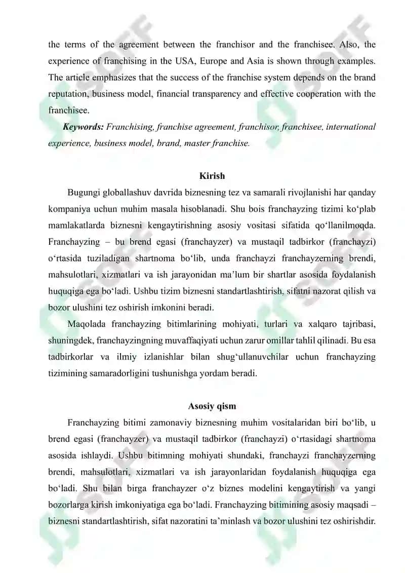 FRANCHAYZING BITIMLARI VA XALQARO TAJRIBA 2