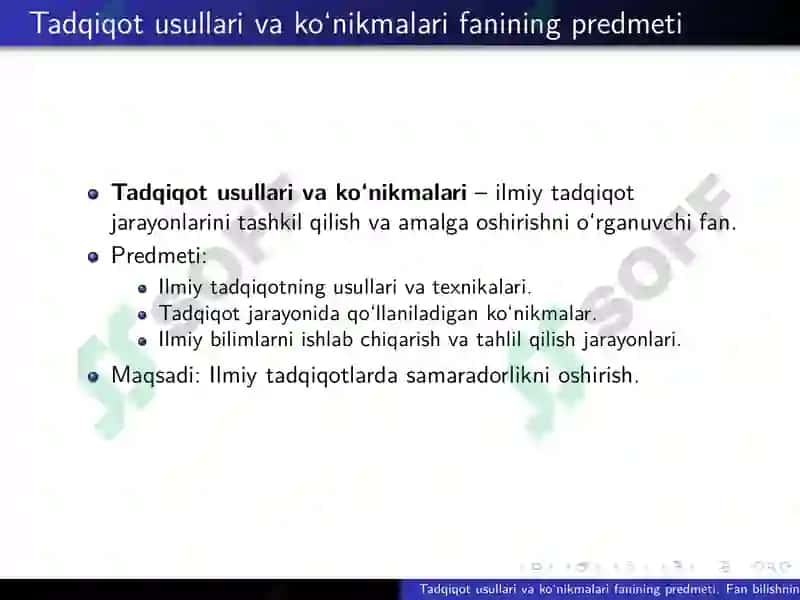 Tadqiqot usullari va ko‘nikmalari fanining 2
