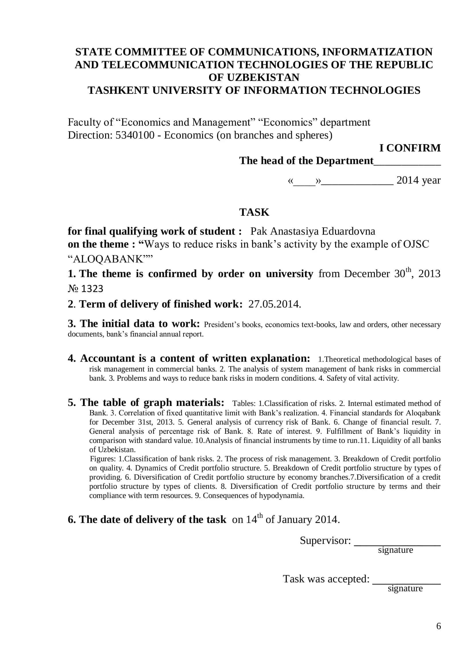 Final Qualifying work: “WAYS TO REDUCE RISKS IN BANK’S ACTIVITY BY THE EXAMPLE OF OJSC “ALOQABANK” 2