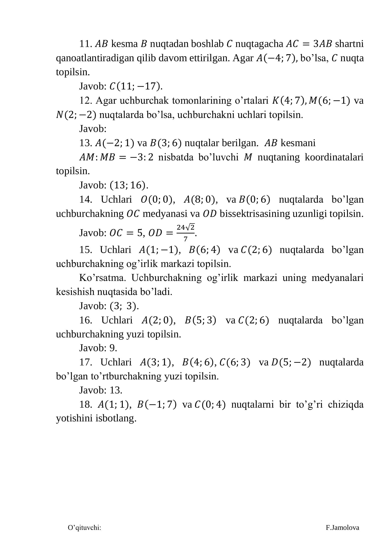 Tekislikdagi analitik geometriyaning sodda masalalari 2