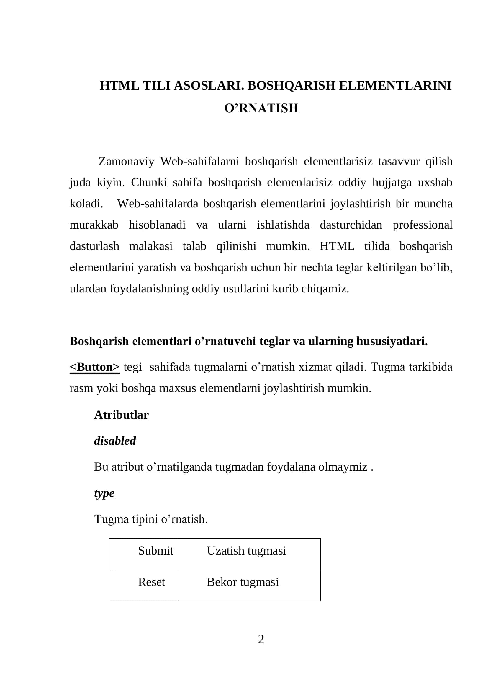 HTML TILI ASOSLARI. BOSHQARISH ELEMENTLARINI O’RNATISH 2