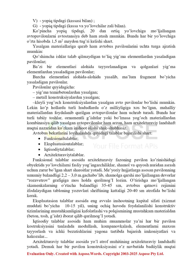 Avtobus bekatlari pavilonlarini loyihalash bo‘yicha amaliy ish 2