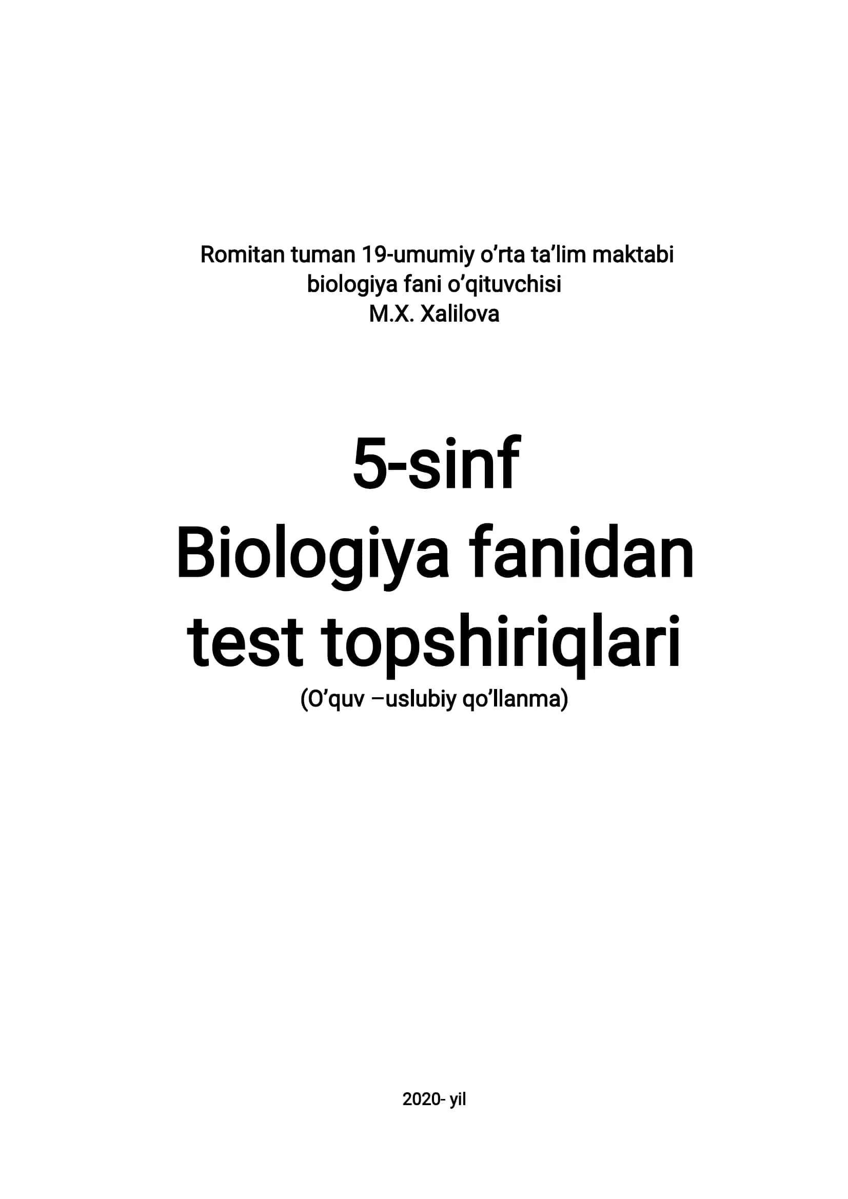 5-sinf Biologiya fanidan test topshiriqlari 2
