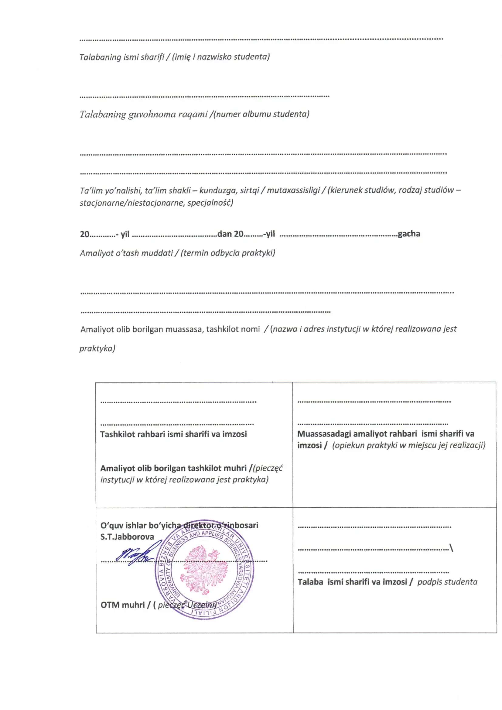 TALABANING AMALIYOT KUNDALIGI / DZIENNIK 2