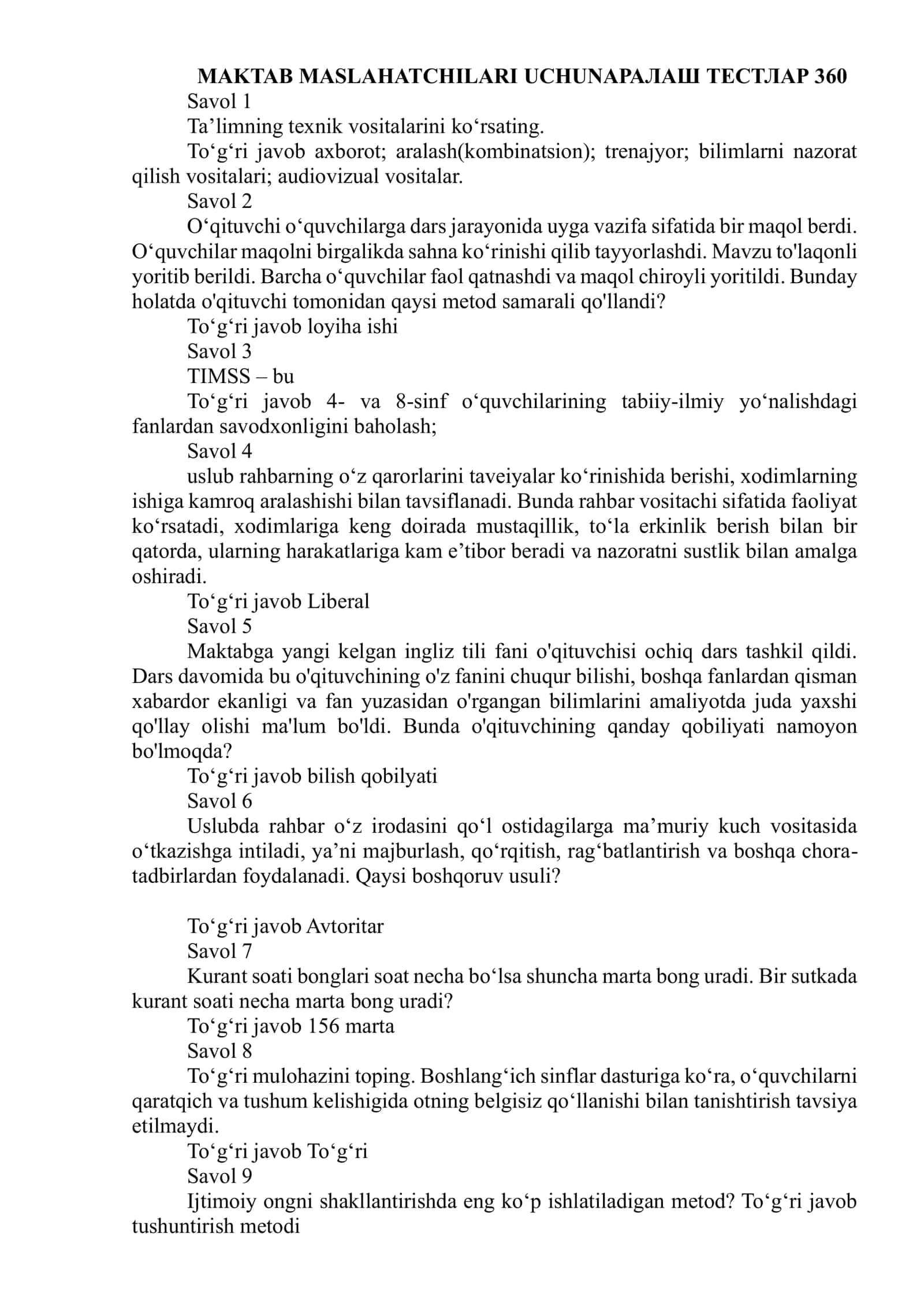 Maktab maslahatchilari uchun yangi testlar 2