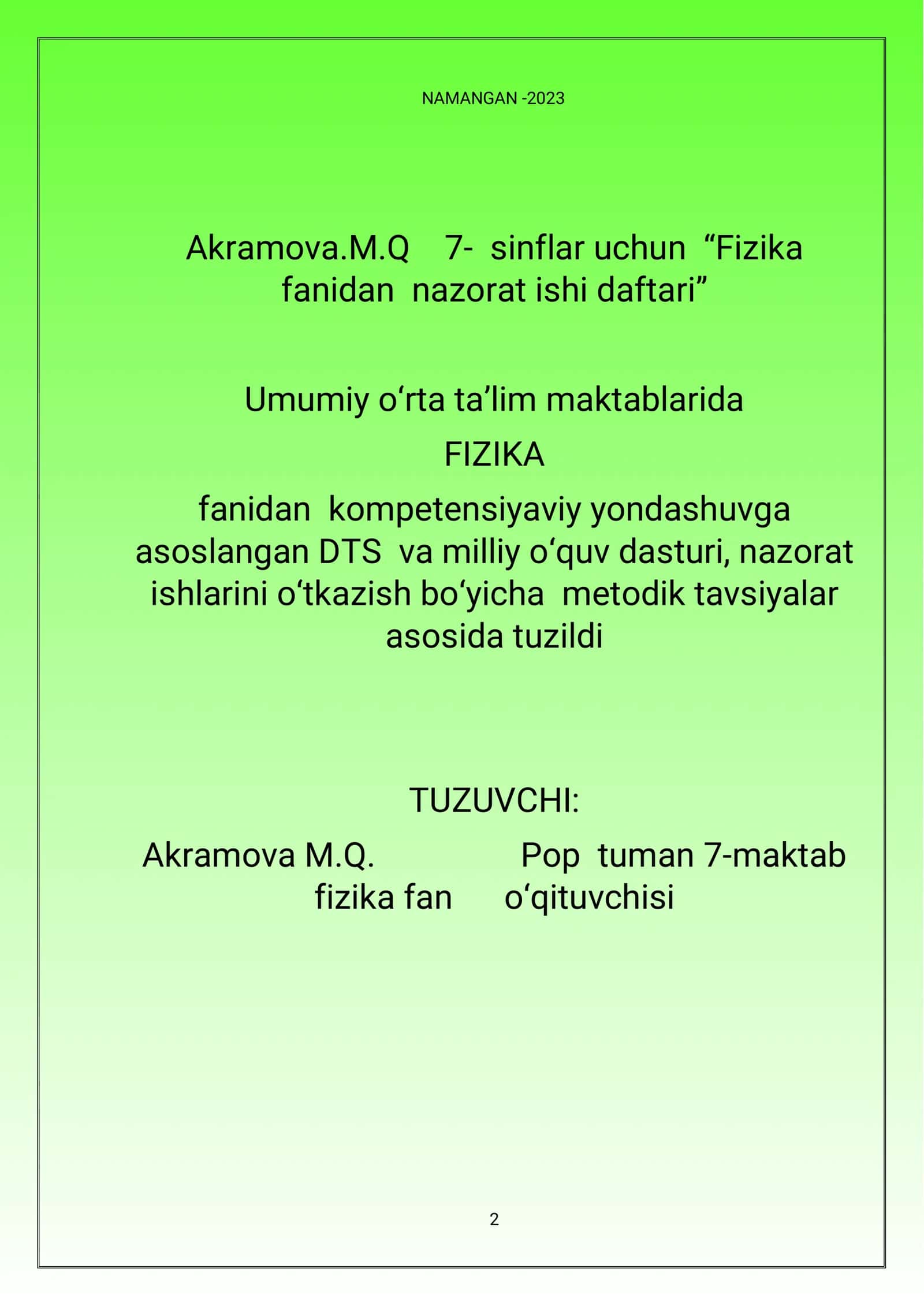 7-sinf Fizika fanidan nazorat ishi daftari 2