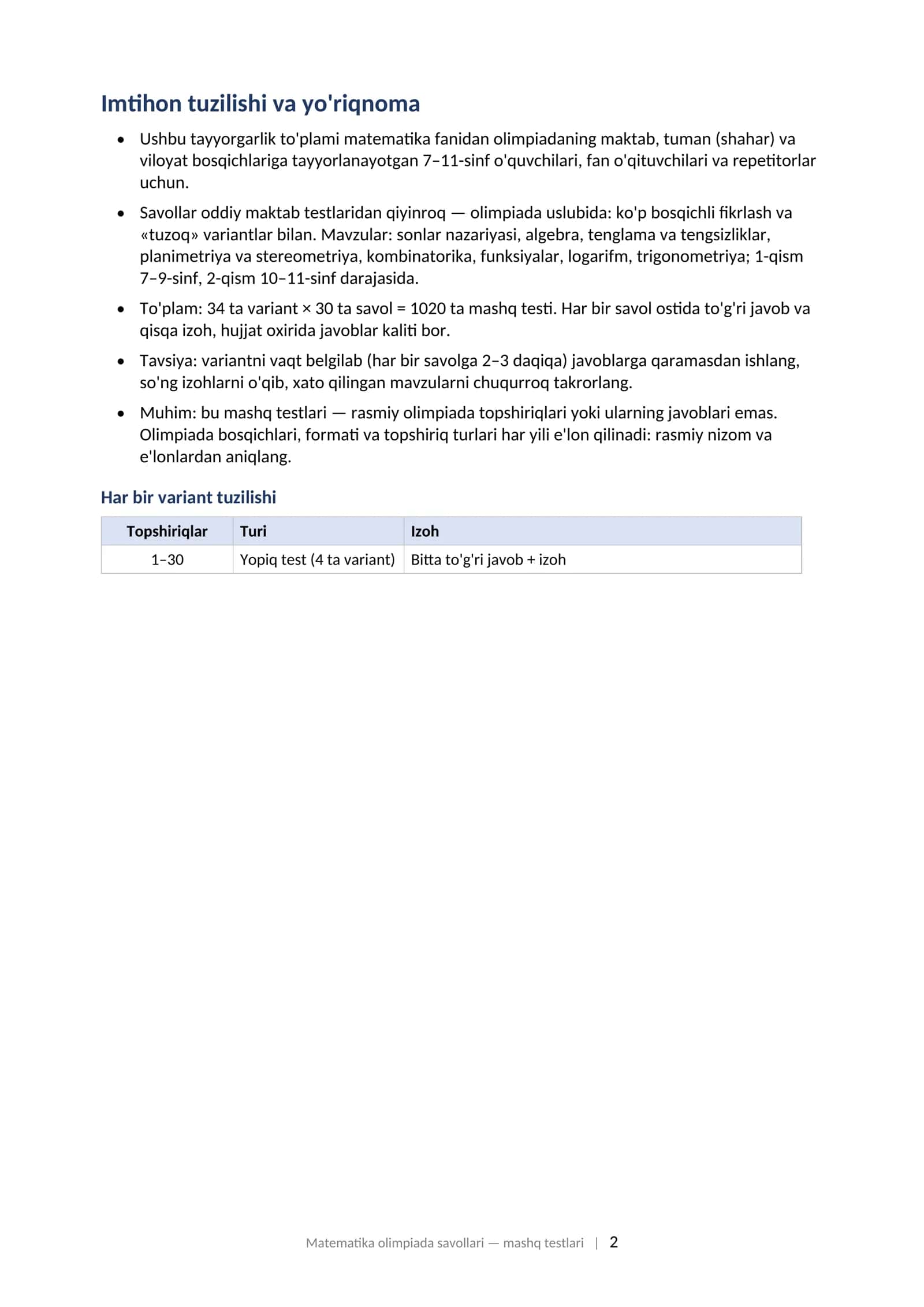 Olimpiada savollari 2026 matematika 7-11-sinf javoblari bilan tayyorgarlik toplami.  FAN OLIMPIADASI: MATEMATIKA 7–11-sinflar uchun olimpiada savollari — tayyorgarlik to'plami (mashq testlari), javoblari va izohlari bilan, 2026 2