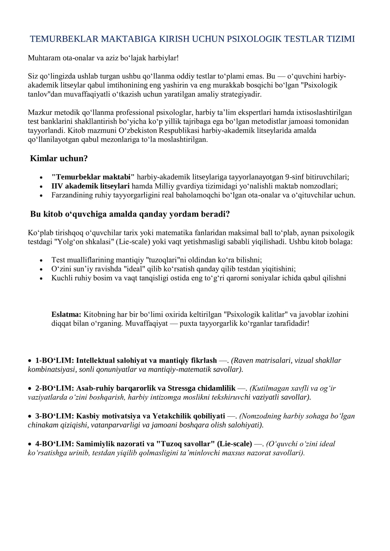 TEMURBEKLAR MAKTABIGA KIRISH UCHUN PSIXOLOGIK TESTLAR 2