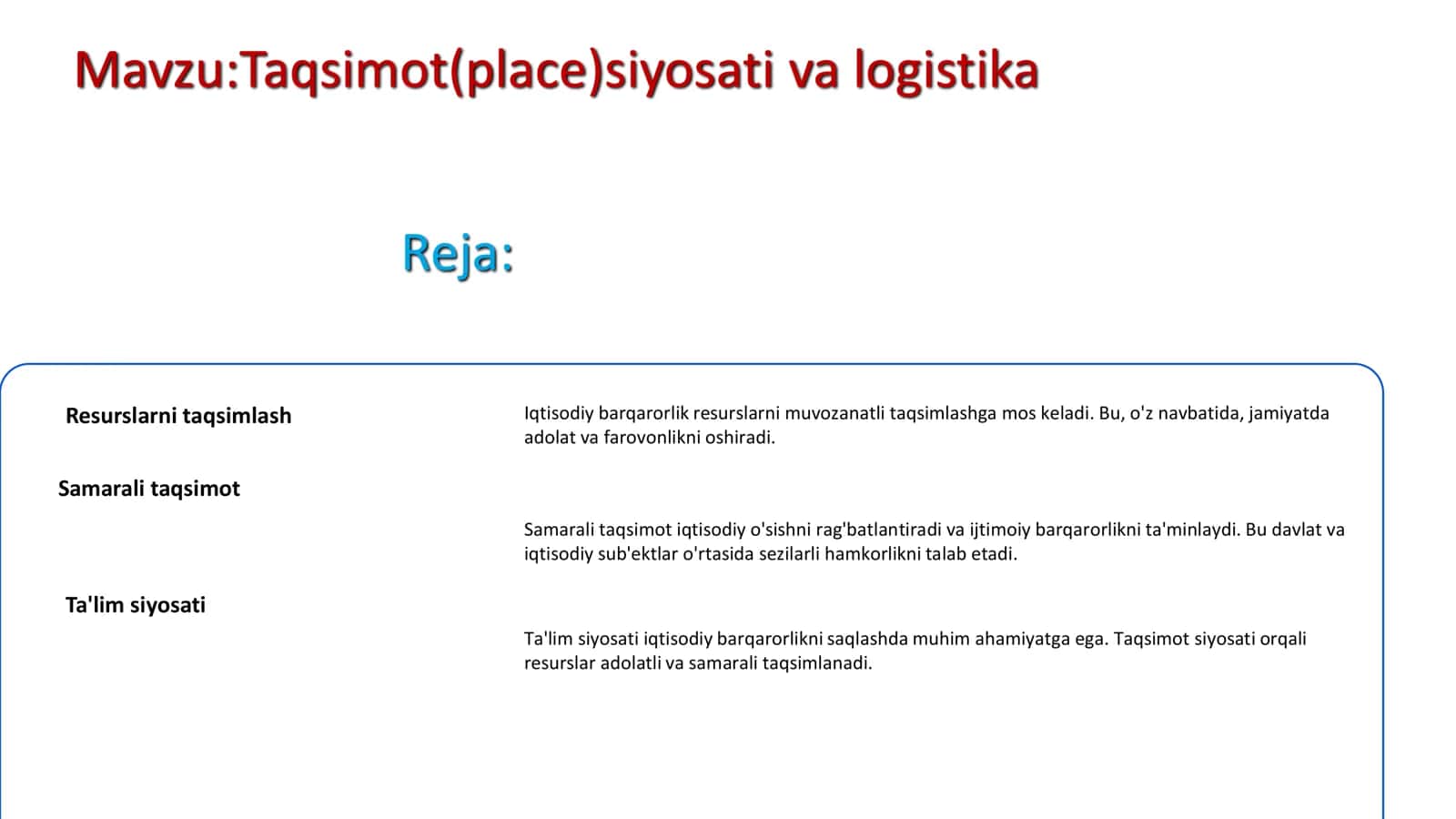 Taqsimot(place)siyosati va logistika 2