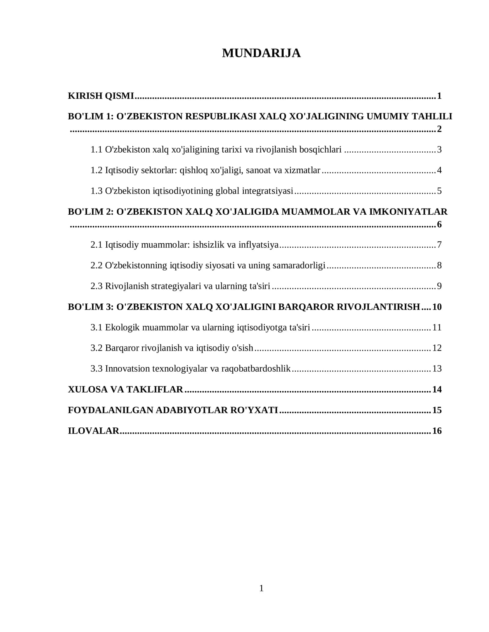 Oʻzbekiston Respublikasi xalq xoʻjaligi kurs ishi 2
