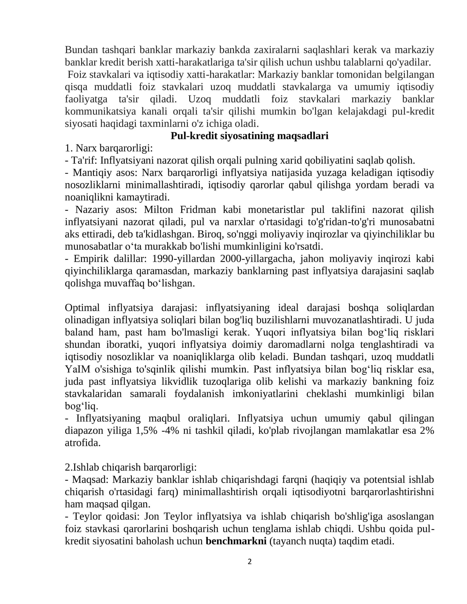 Pul-kredit siyosati (Monetar siyosat). Molyaviy barqarorlik 2
