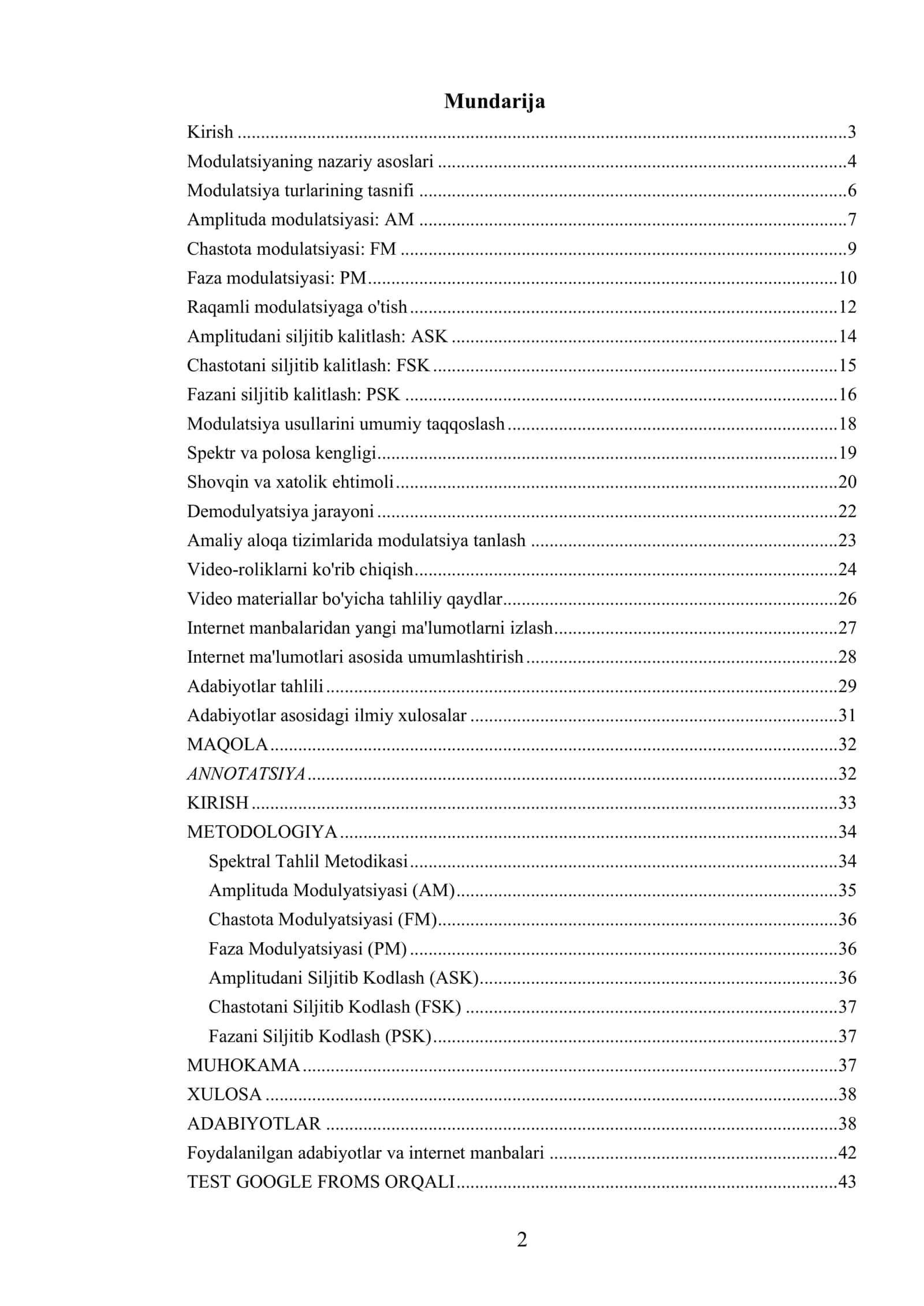 Modulatsiya turlari: AM, FM, PM, ASK, FSK, PSK 2