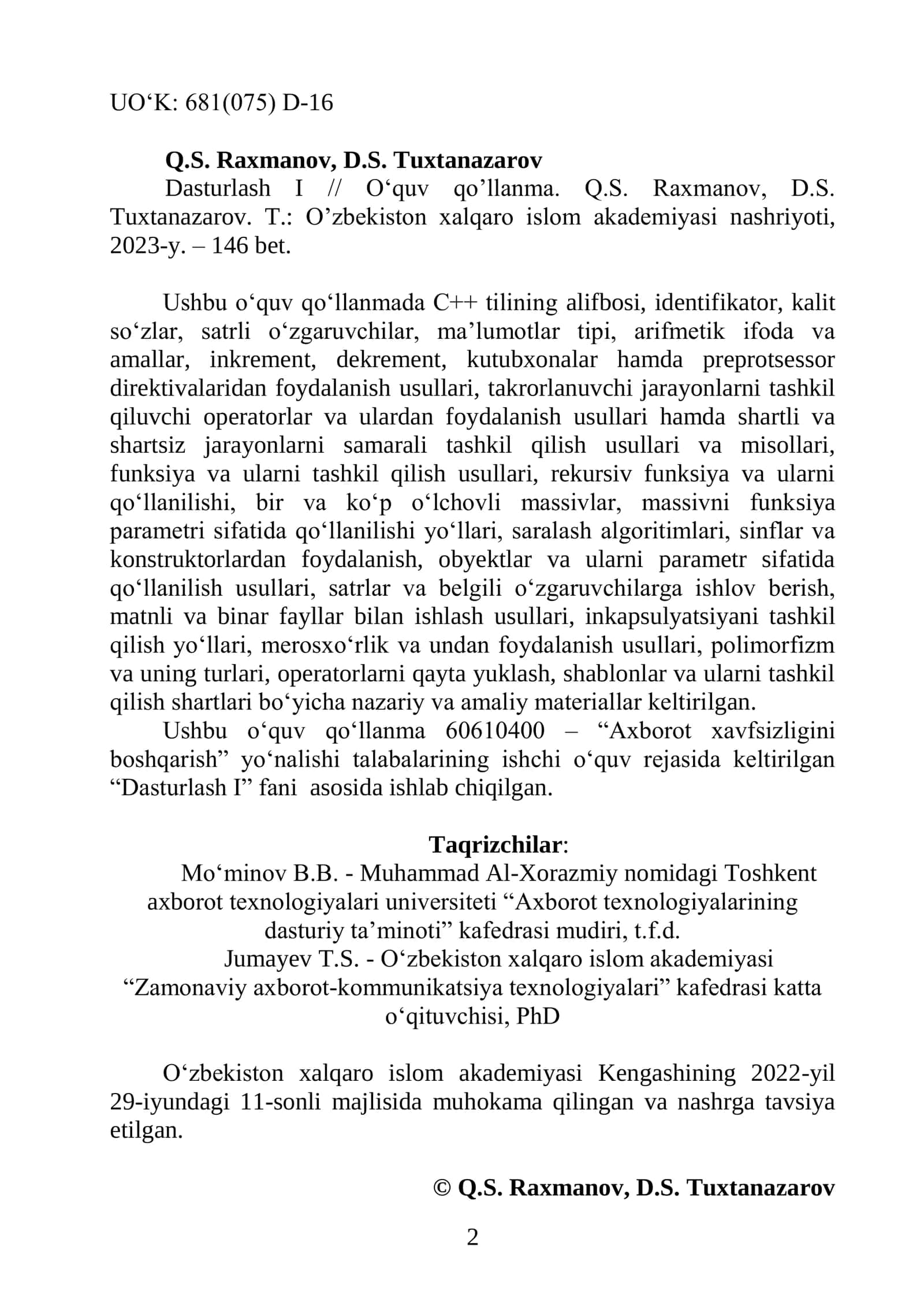 Dasturlash I 2