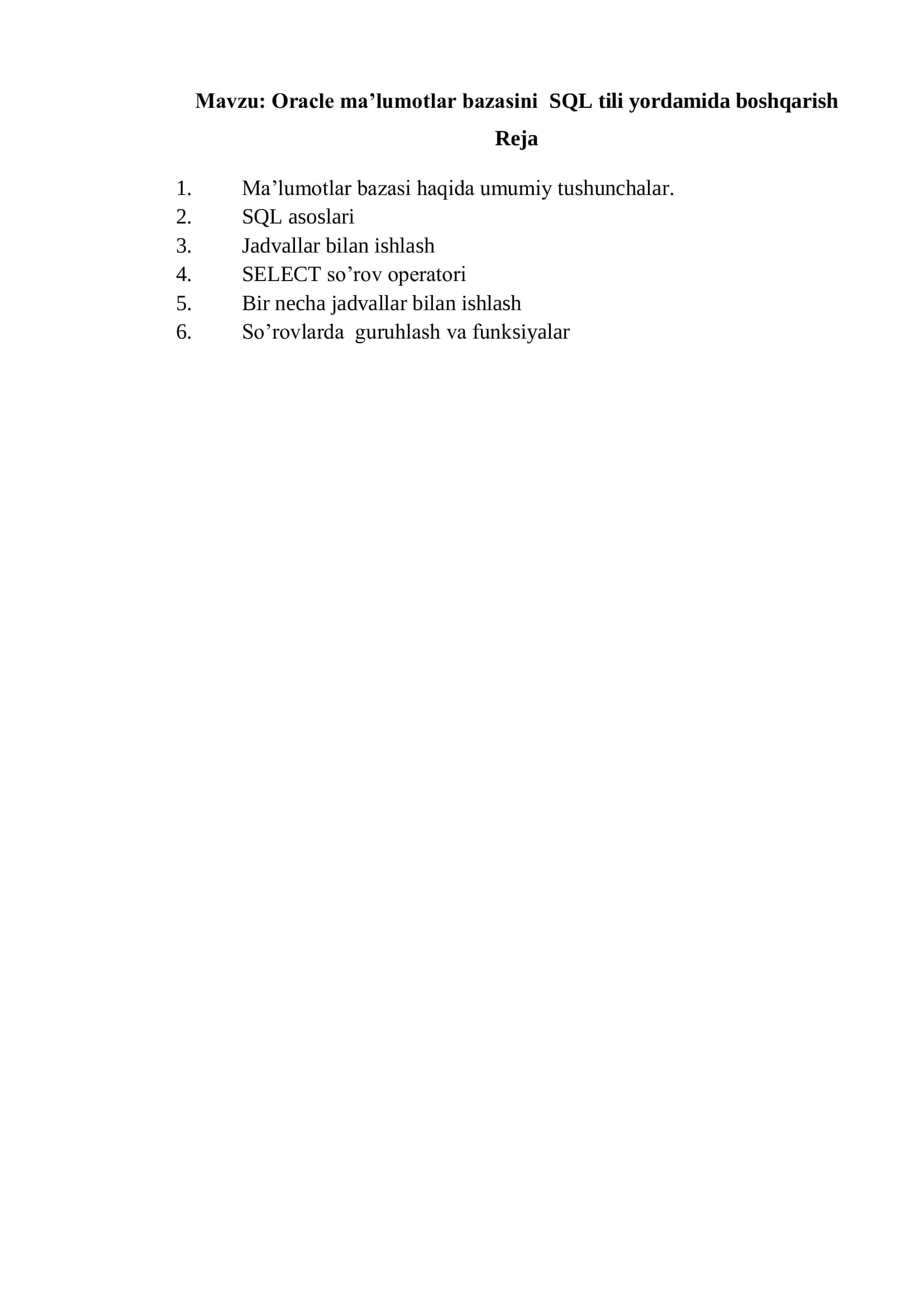 Oracle ma‟lumotlar bazasini SQL tili yordamida boshqarish 2