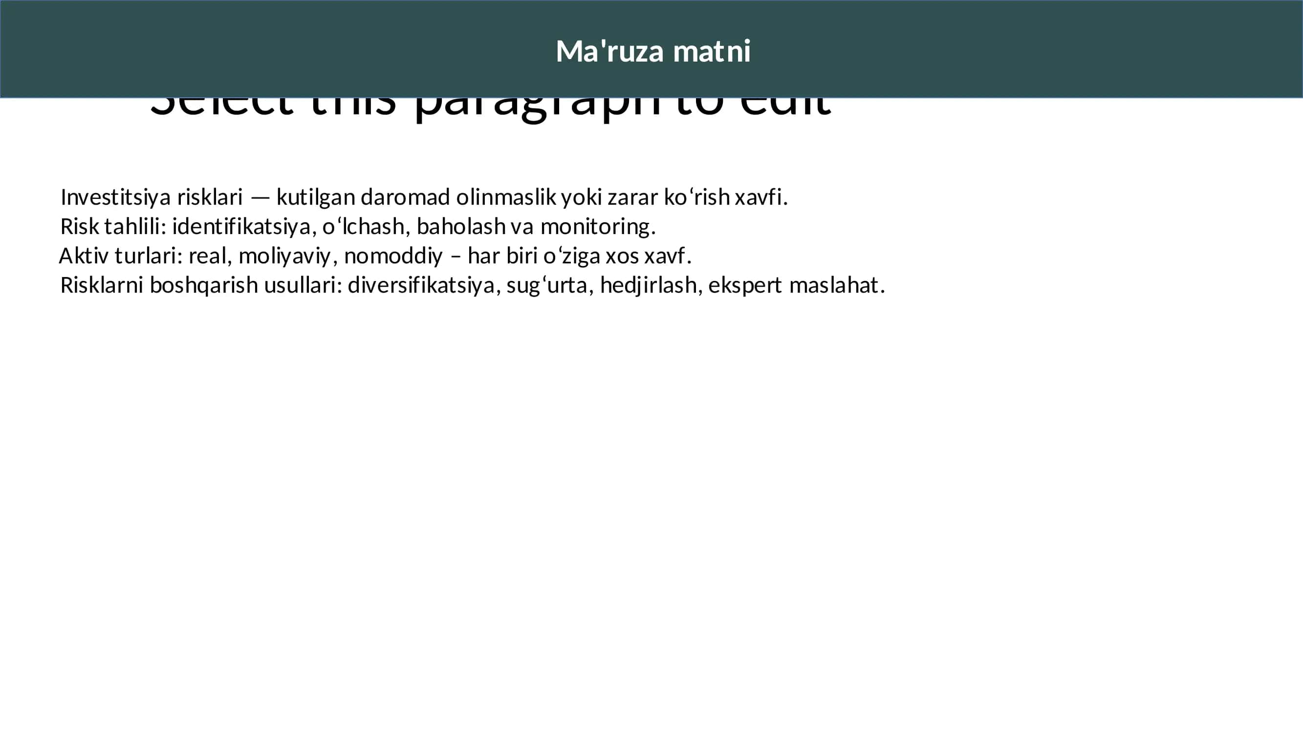 Investitsiya risklari. Aktivlar risklari 2