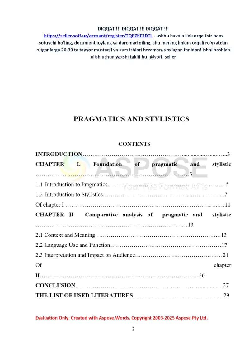 PRAGMATICS AND STYLISTICS (Kurs ishi / Mustaqil ish / Referat) 2