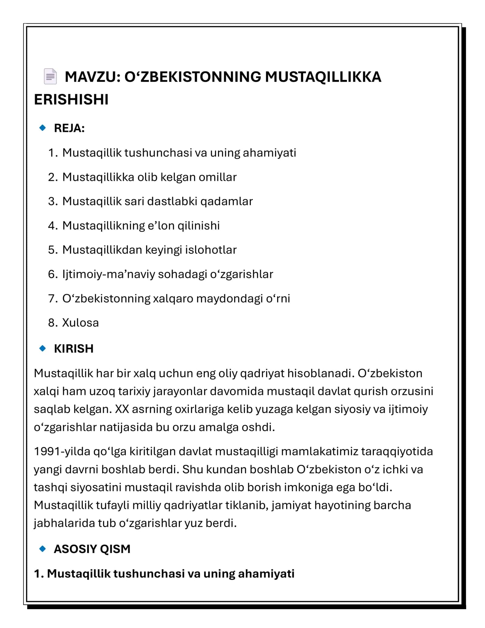 O‘ZBEKISTONNING MUSTAQILLIKKA ERISHISHI 2