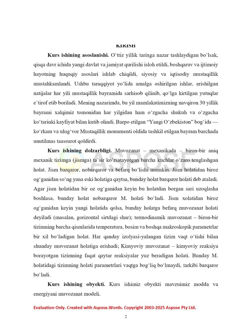 Modda va energiyani muvozanat modeli 2