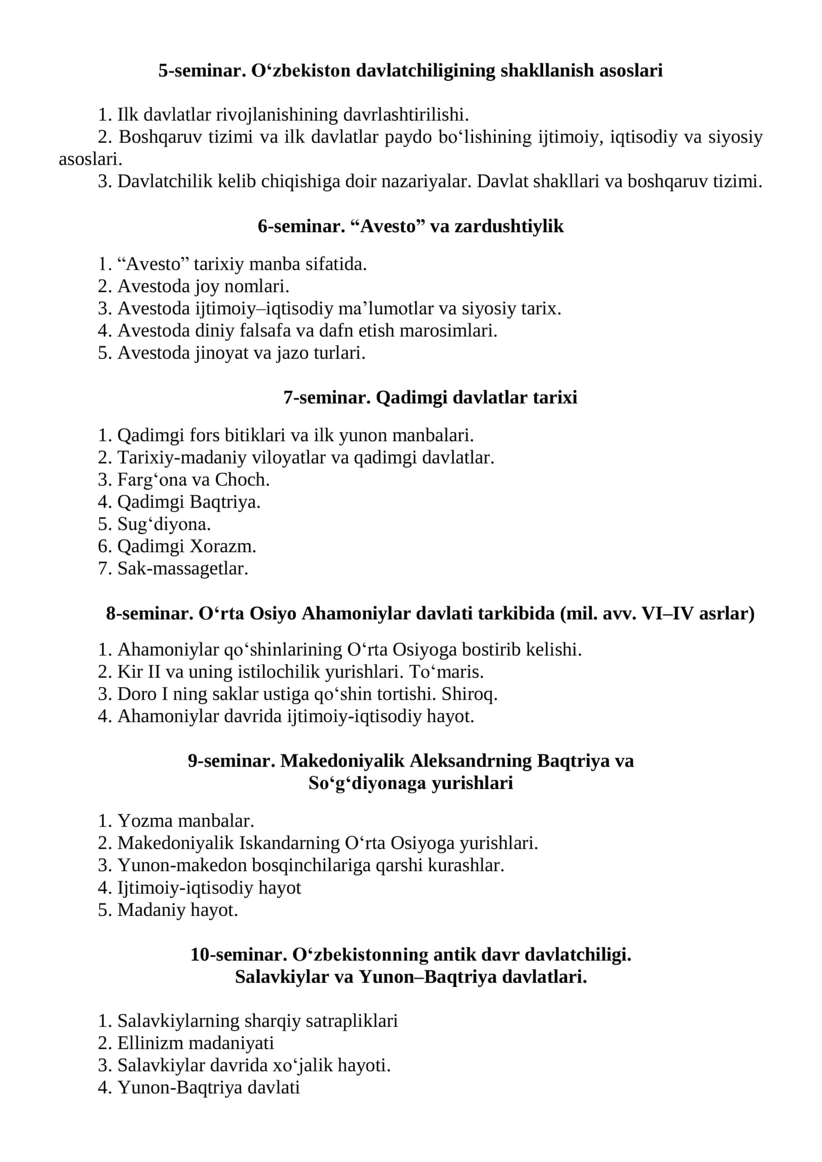 O‘zbekiston tarixi fanidan 1-bosqich talabalari uchun - SEMINAR SAVOLLARI 2