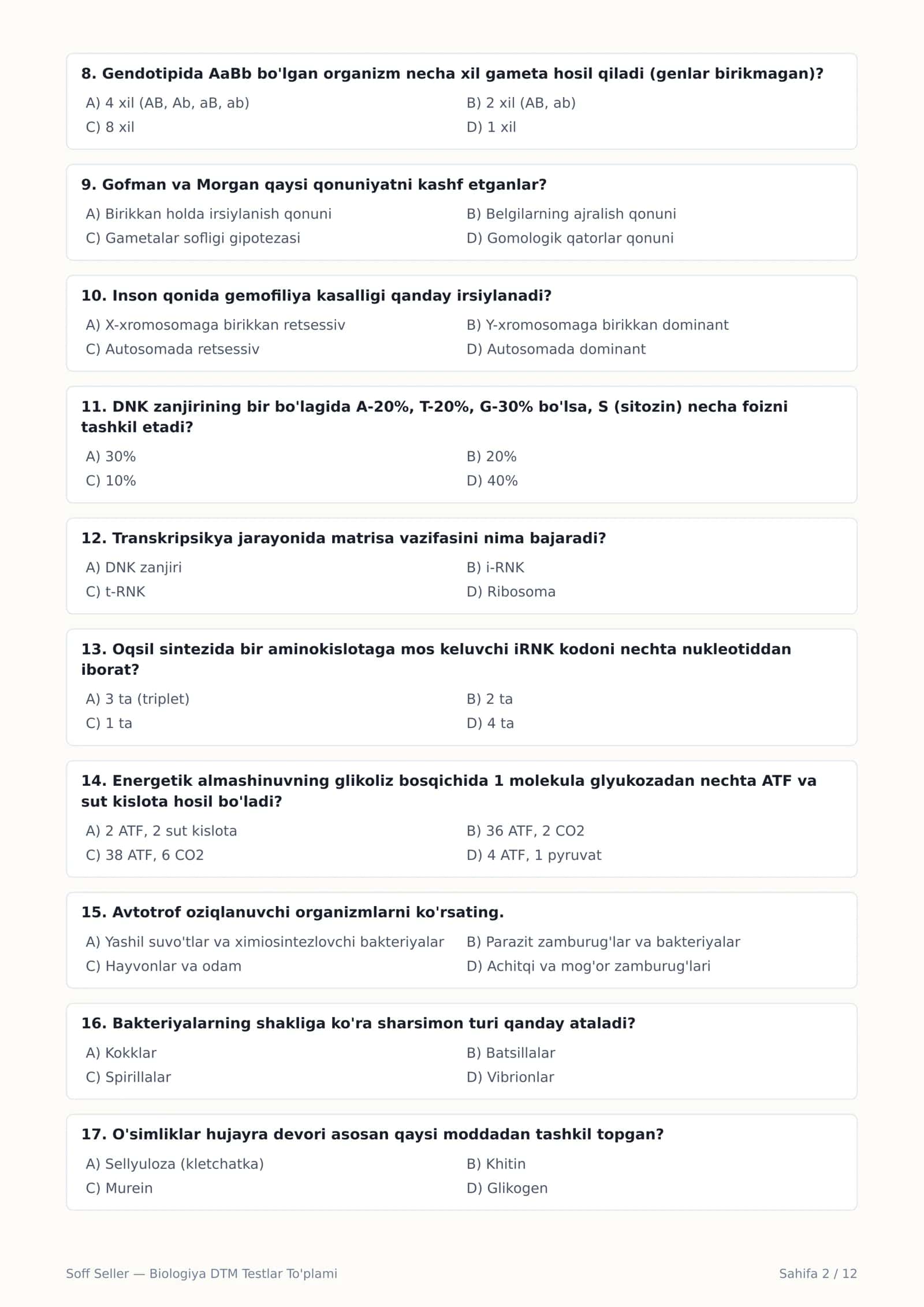 BIOLOGIYA — DTM TESTLAR TO'PLAMI 2