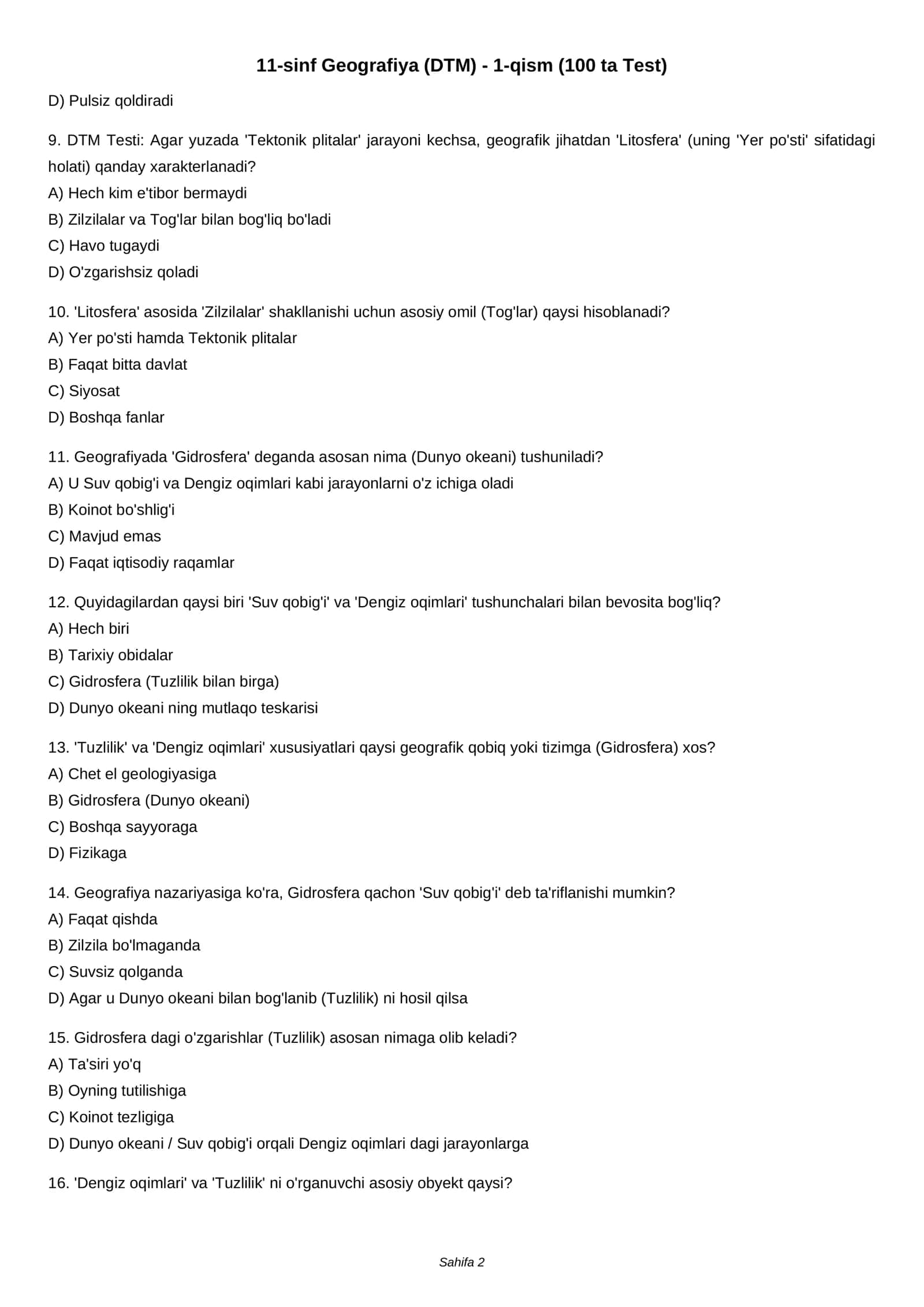 11-sinf Geografiya (DTM) - 1-qism (100 ta Test) 2