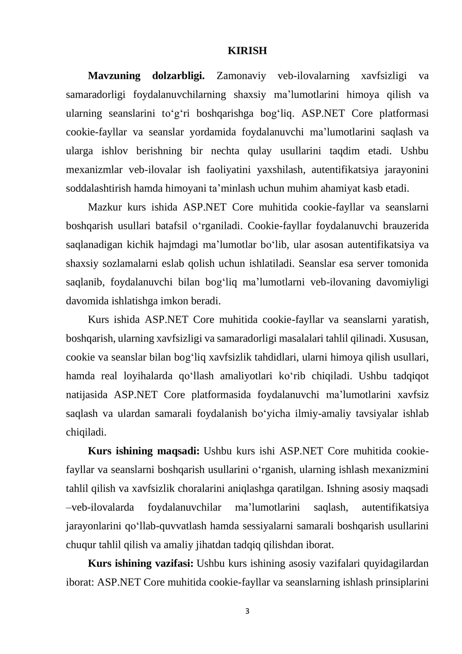 ASP.NET Core da cookie-fayllar va seanslarni boshqarish usullari kurs ishi 3