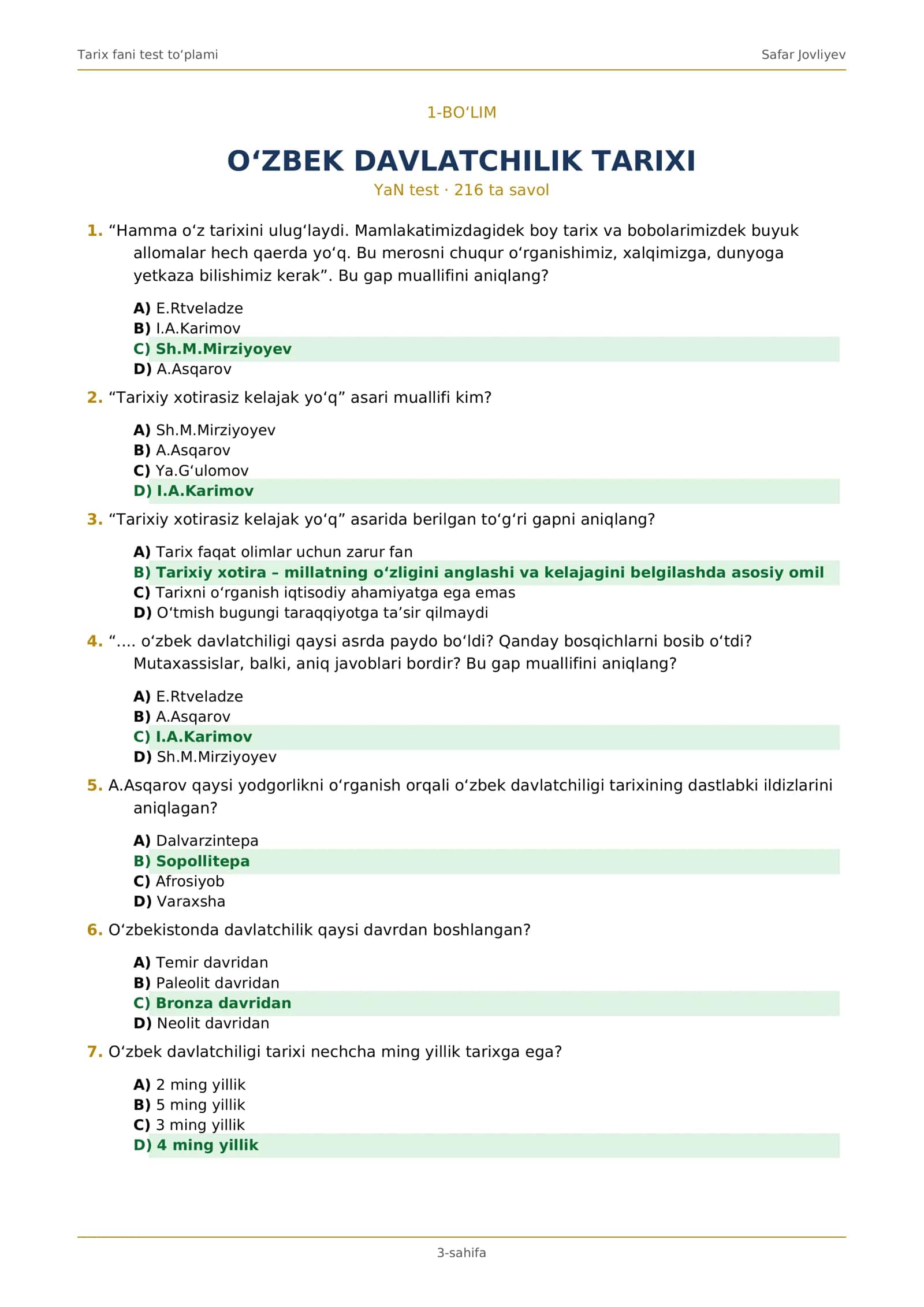 Tarix fani test to‘plami 3