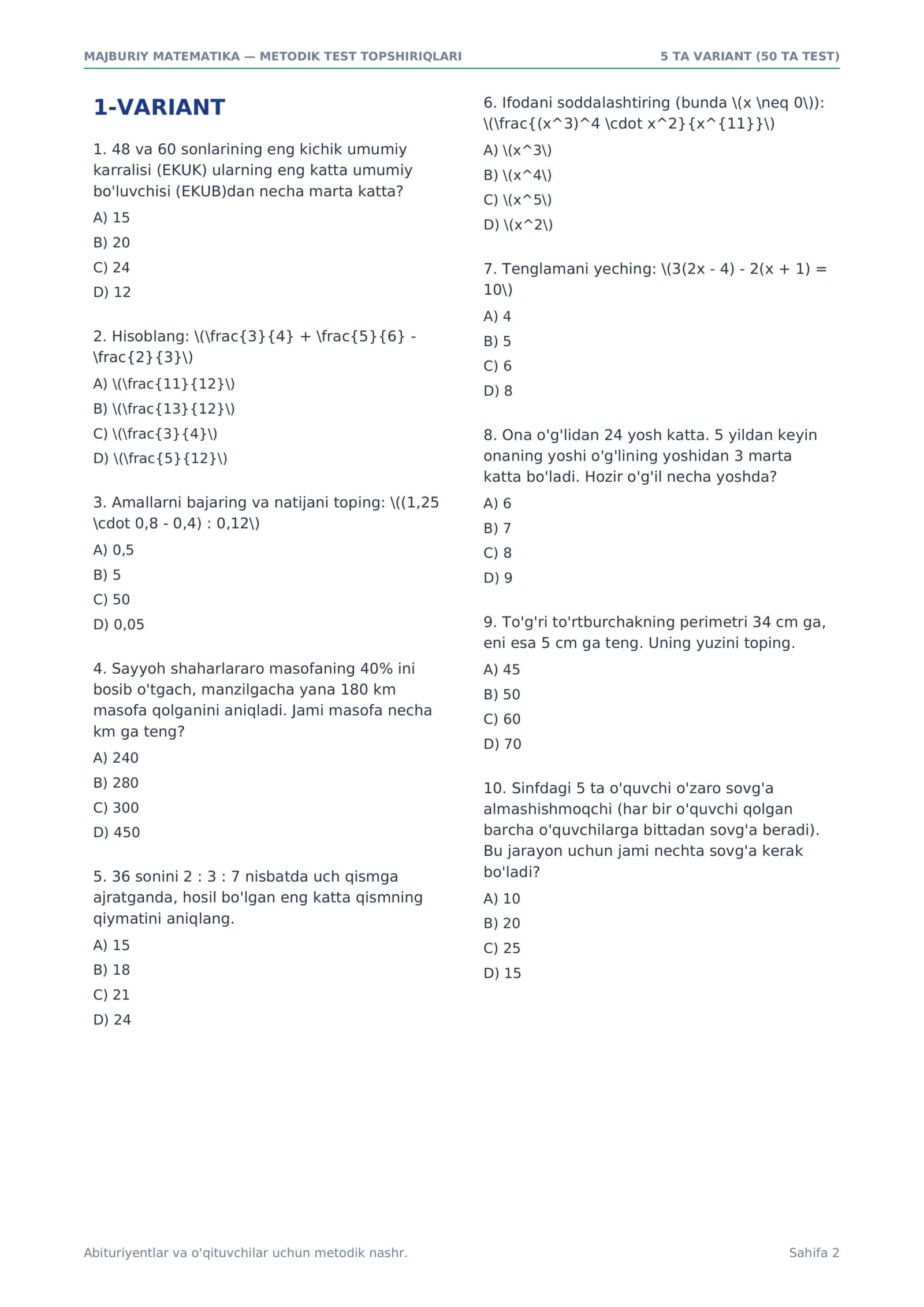 DTM MAJBURIY MATEMATIKA — 30 TA VARIANT | 300 TA TEST + JAVOBLAR KALITI | ABITURIYENTLAR UCHUN PDF 3
