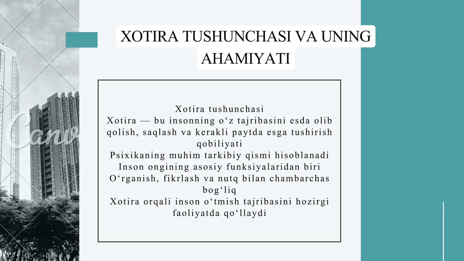 Xotira tushunchasi va uning ahamiyati. Slayt 15 list. 3