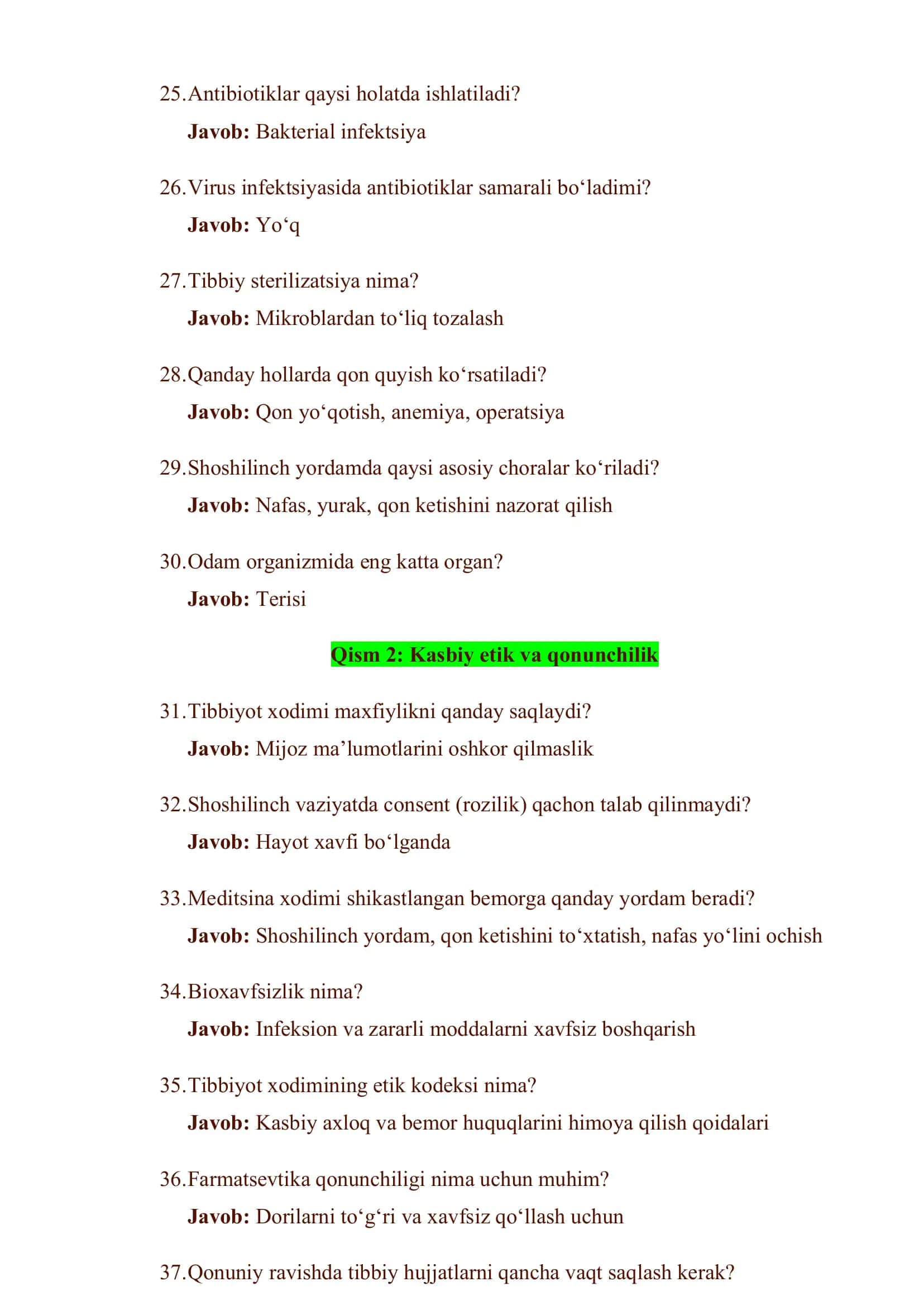 TIBBIYOT XODIMLARI MALAKA TESTI 3