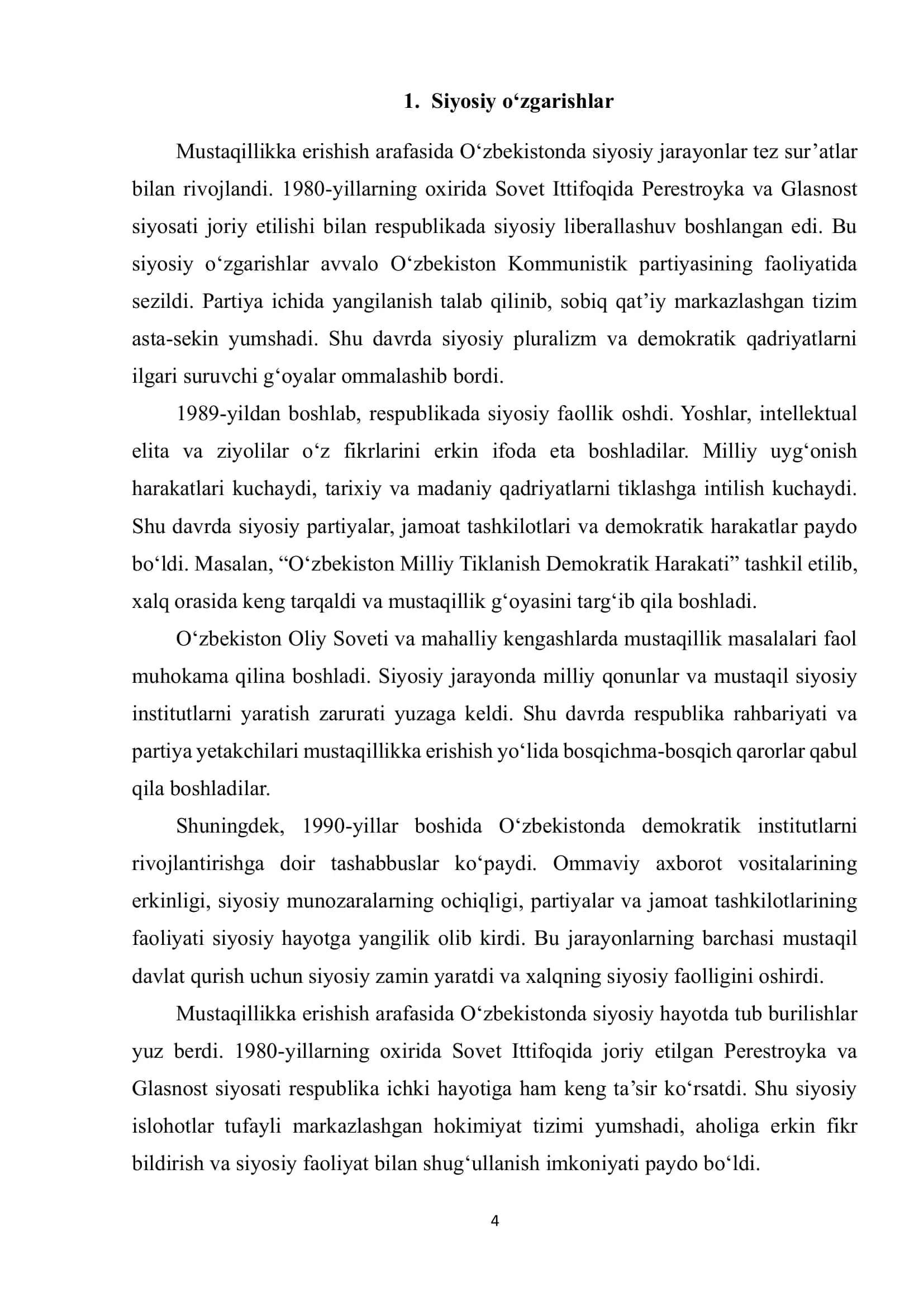 XX asrning oxiri va 1990-yillar boshida O‘zbekiston tarixida tub burilish davri 3
